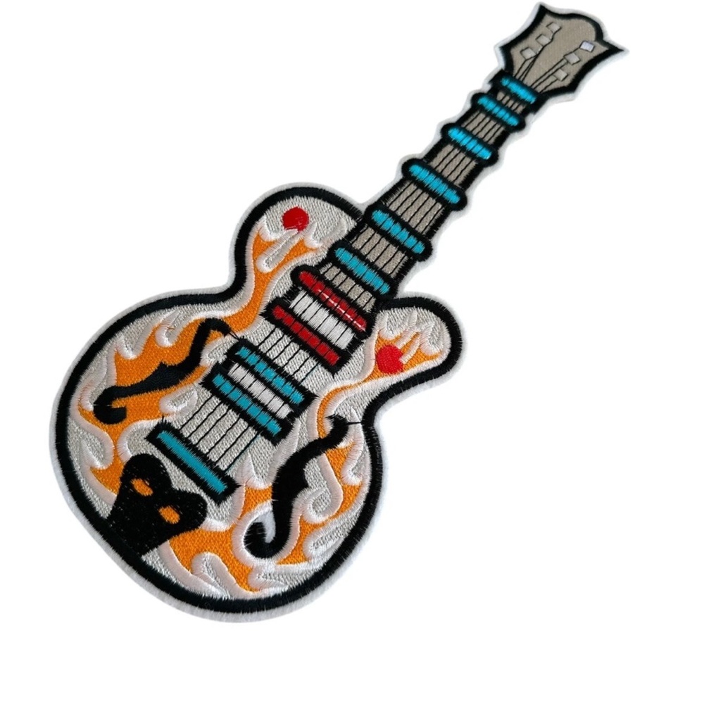 Embroidered Guitar Patch with Flames-Guitar-Iron on patch-A1